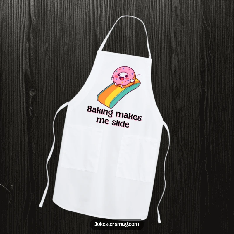 Funny Donut Apron: A joyful donut character slides down a rainbow, bringing sweet humor to your kitchen and making a funny gift.