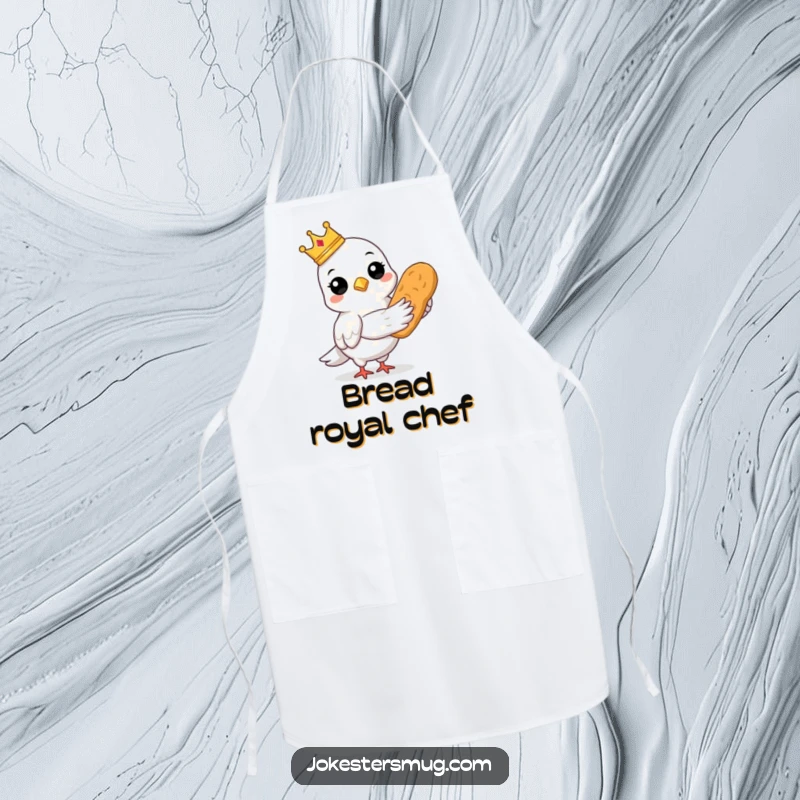 Funny cooking apron featuring a crowned pigeon holding bread, kitchen humor gift.
