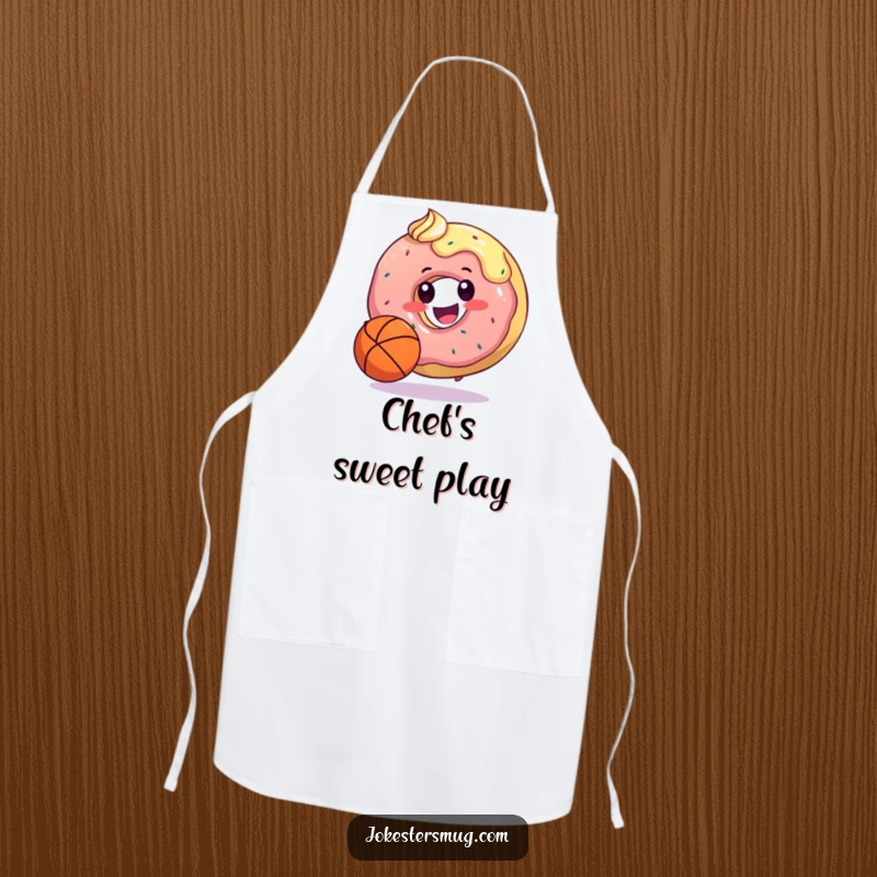 Funny kitchen apron featuring a happy donut dribbling a basketball with its frosting, perfect for chefs who love sports and treats.