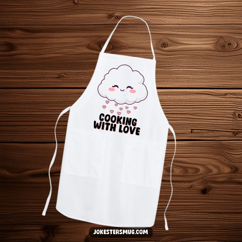 Funny Winking Cloud Apron: A fluffy cloud winks mischievously, raining hearts, bringing sweet humor to your kitchen and making a funny gift.