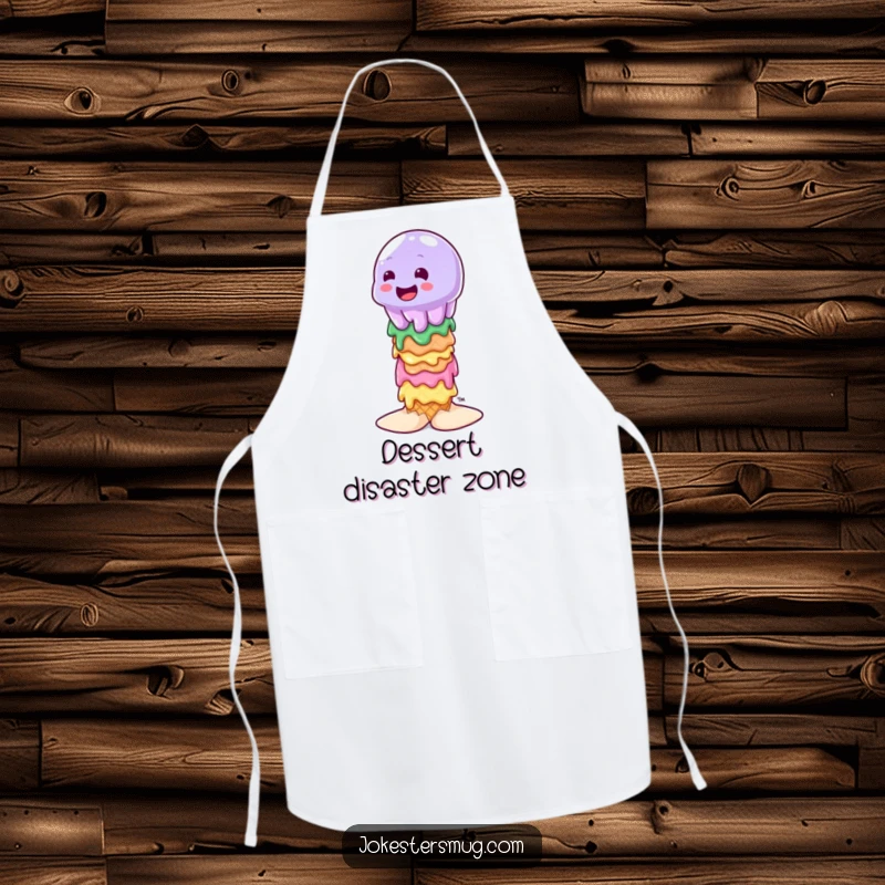 Funny wobbly jelly character attempting to balance on a stack of melting ice cream cones, graphic on a cooking apron.