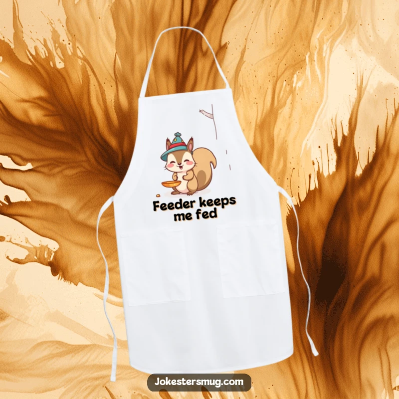 Funny Squirrel Apron: A mischievous squirrel wears a bird feeder as a hat, bringing humor to your kitchen and making a funny gift.