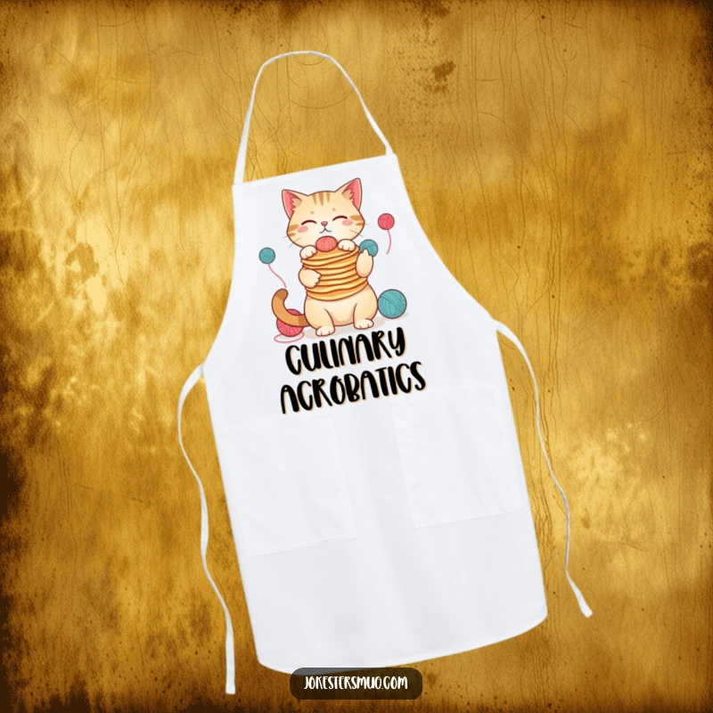 Funny cat apron for cooking, balancing pancakes on nose, juggling yarn, humorous kitchen wear, ideal funny gift.