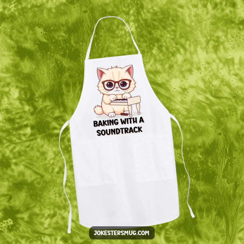 Funny apron featuring a fluffy cat in oversized glasses, comically trying to play a tiny piano while cooking.