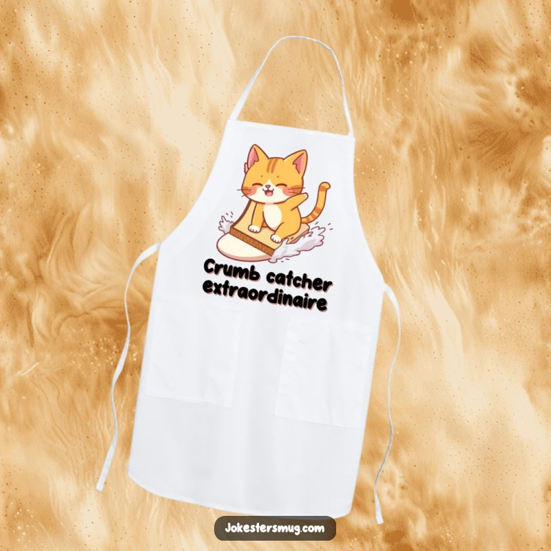 Funny cat comically wiping out while surfing a giant slice of toast on an apron, for cooks who love humorous kitchen adventures.