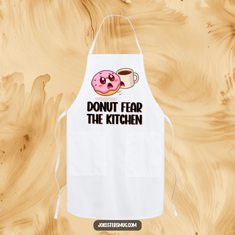 Funny startled donut with wide eyes is chased by a rogue coffee mug on an apron, bringing breakfast chaos.