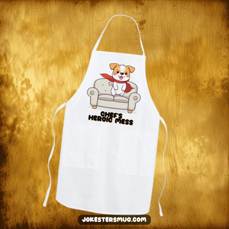 Funny kitchen apron featuring a dog in a cape humorously attempting flight from a couch, ideal for heroic meal preparation.