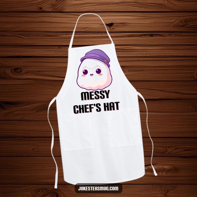 Funny apron with a jelly blob character failing to wear a hat as it phases through, adding comic relief to cooking.