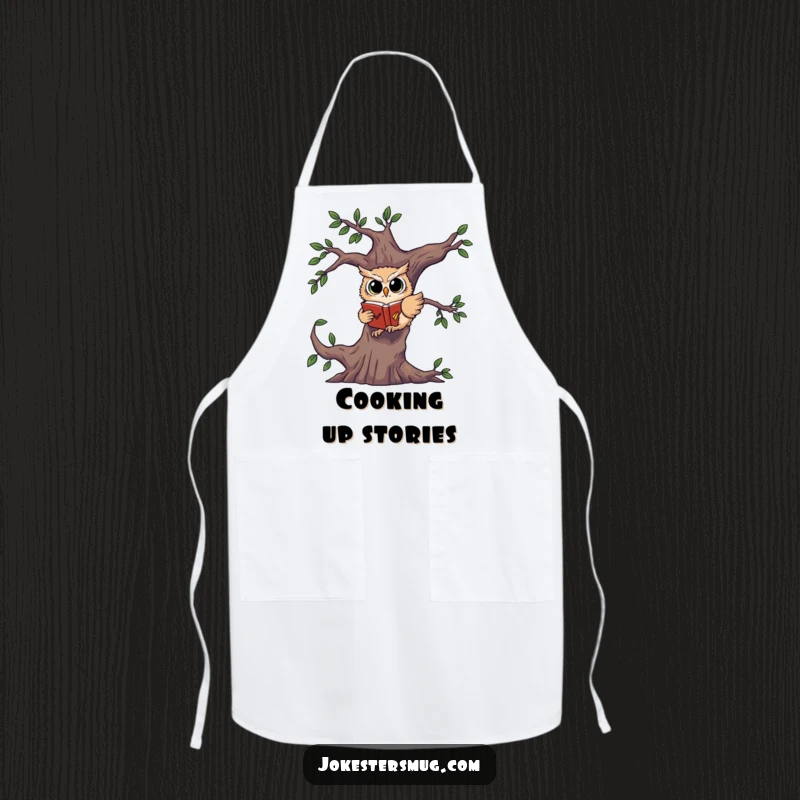 Funny apron design with a startled owl falling from a tree, clutching a book.