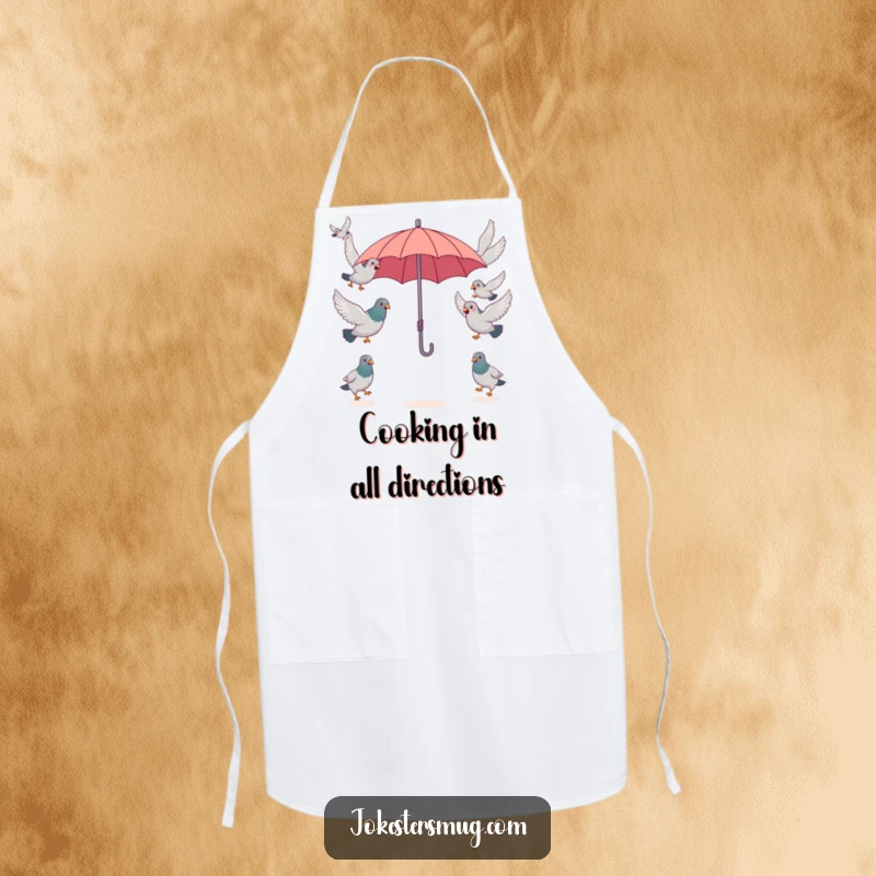 Funny surprised pigeons attempting to fly in opposite directions from a single, tiny umbrella, a humorous kitchen accessory on this funny apron.
