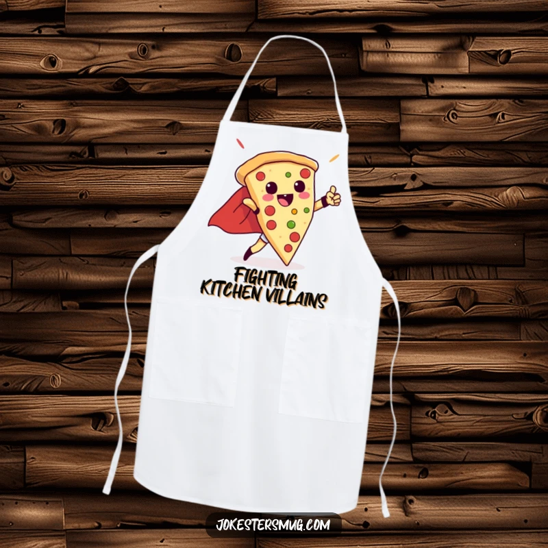 Funny apron graphic of a triumphant pizza slice wearing a cape and striking a superhero pose, ready for culinary battles.