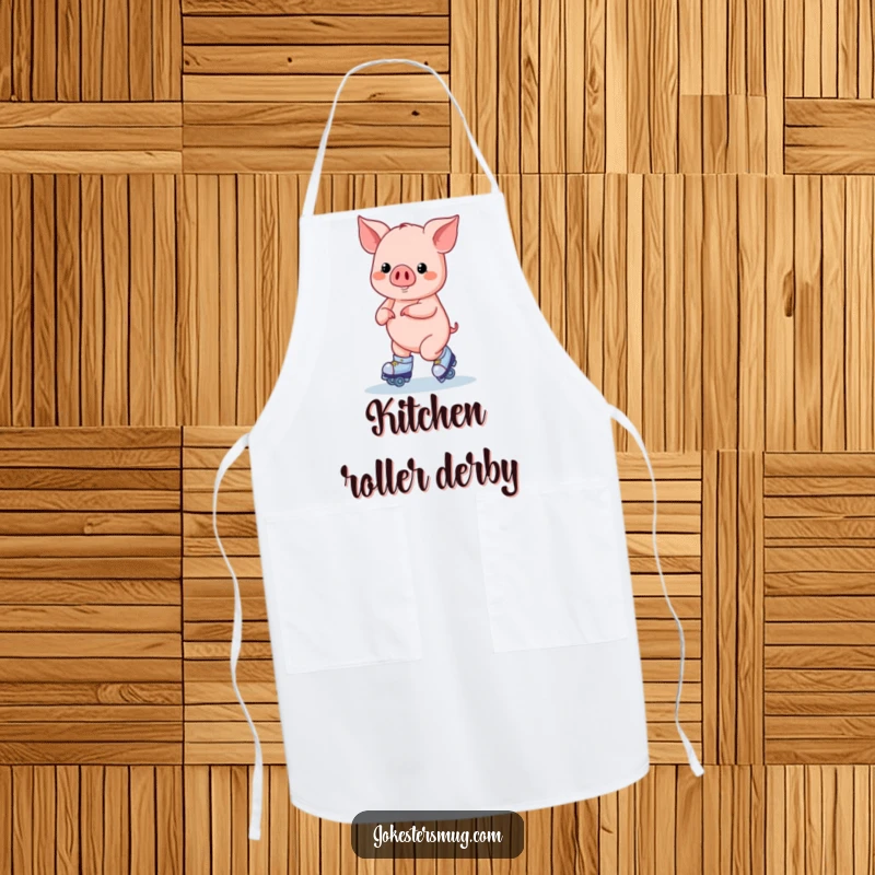 Funny Roller Skating Pig Apron: A pig on roller skates attempts a figure eight, perfect for funny kitchen wear.