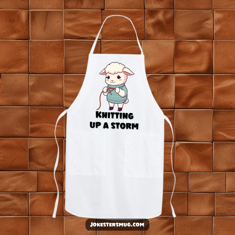 Funny Sheep Apron: A sheep humorously knits a sweater from its own wool while cooking. Functional and funny gift for bakers.