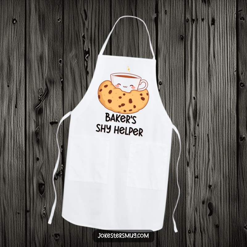Funny kitchen apron featuring a shy teacup peeking from behind a giant cookie, ideal for bakers who appreciate sweet and humorous details.