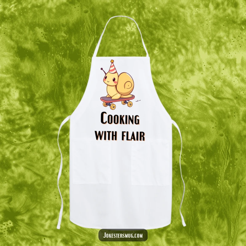 Funny apron design with a snail wearing a party hat, humorously zooming on a skateboard.