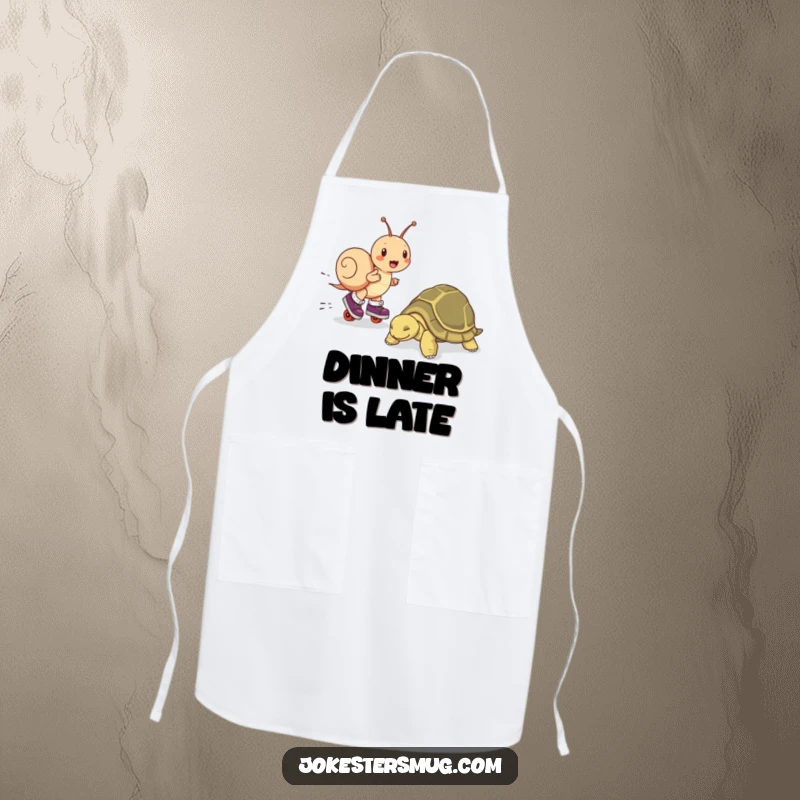 Funny apron featuring a snail on roller skates outmaneuvering a sleeping tortoise, adding comic flair to cooking.