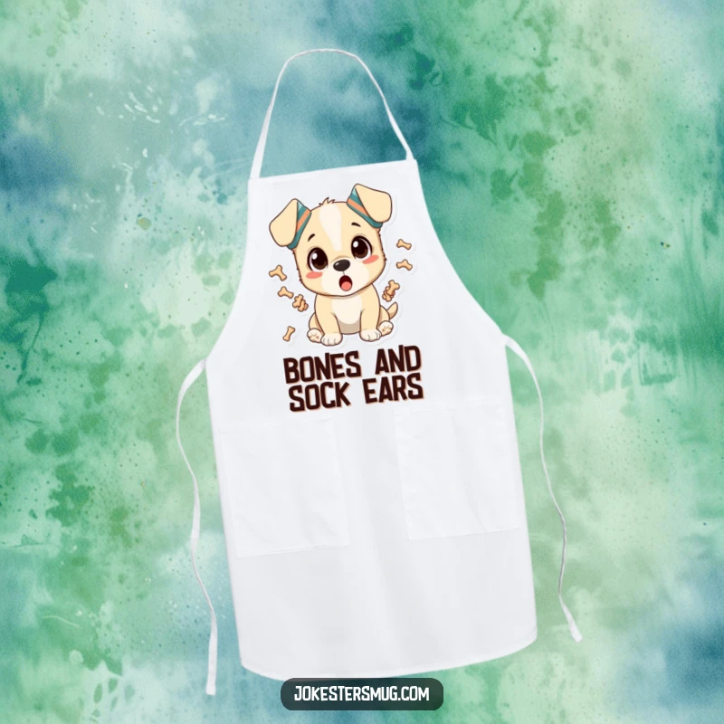 Funny cooking apron with a surprised puppy wearing socks on its ears, juggling bones, kitchen humor gift.