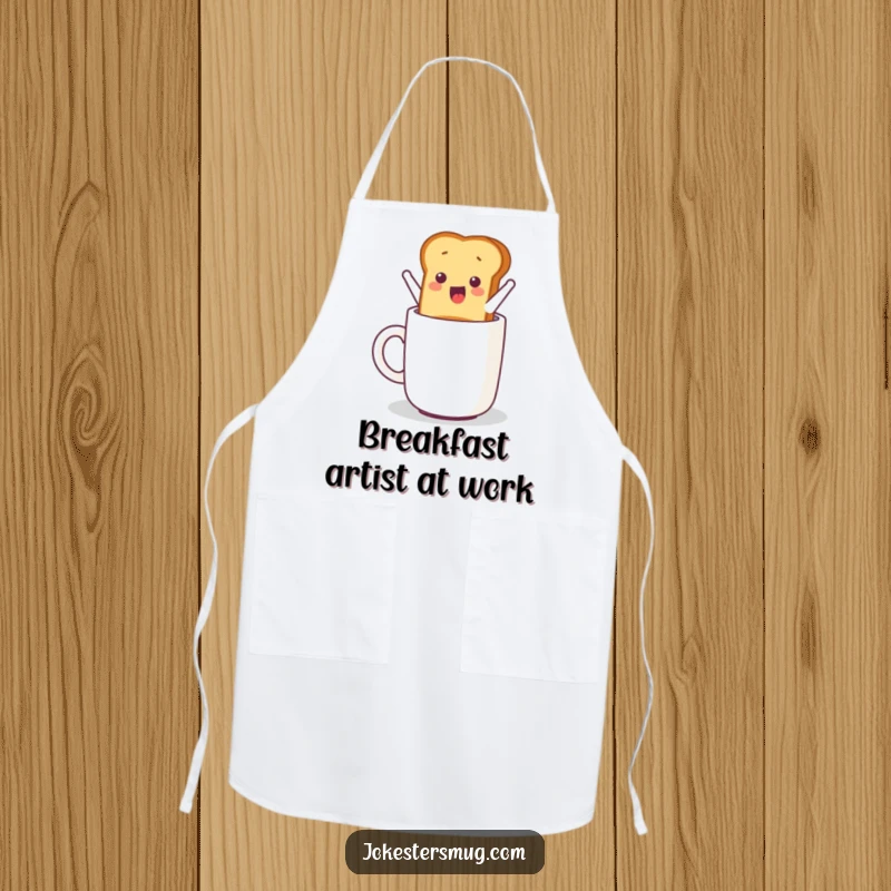 Funny apron design with a piece of toast humorously jumping out of a toaster and into a mug.