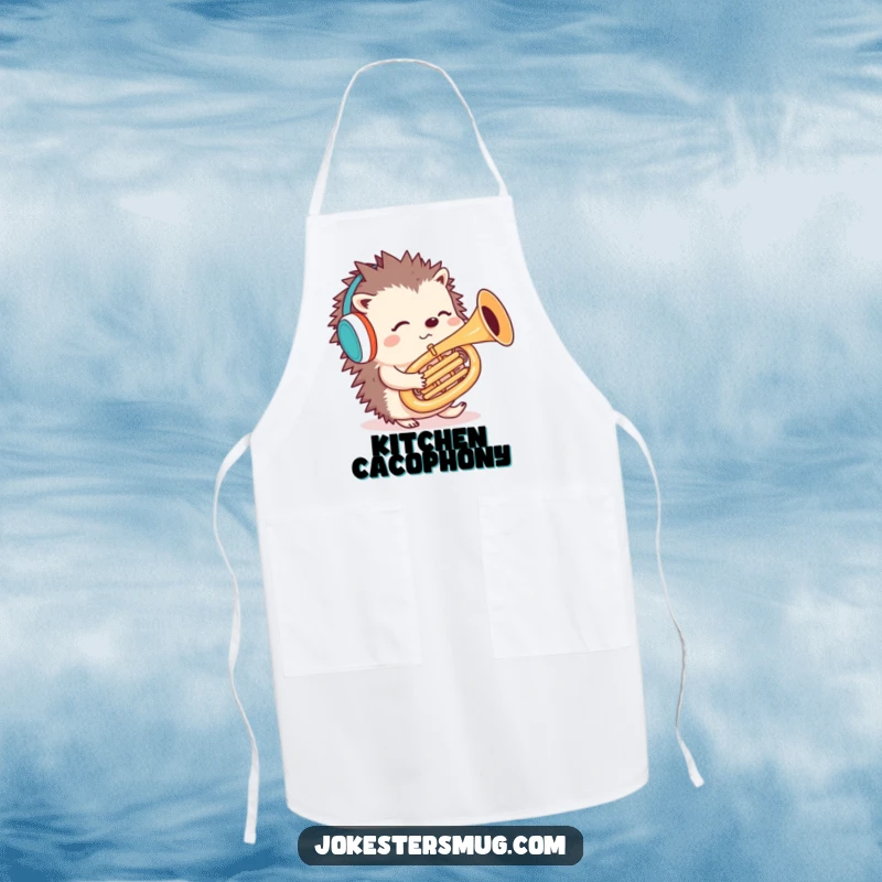 Funny hedgehog tuba apron showing a confused hedgehog playing a tuba backwards, ideal for a humorous cooking experience.
