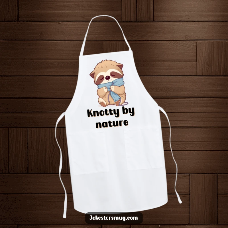 Funny apron with a sleepy sloth comically tangled in knitting yarn while attempting to make a scarf, perfect for crafting.