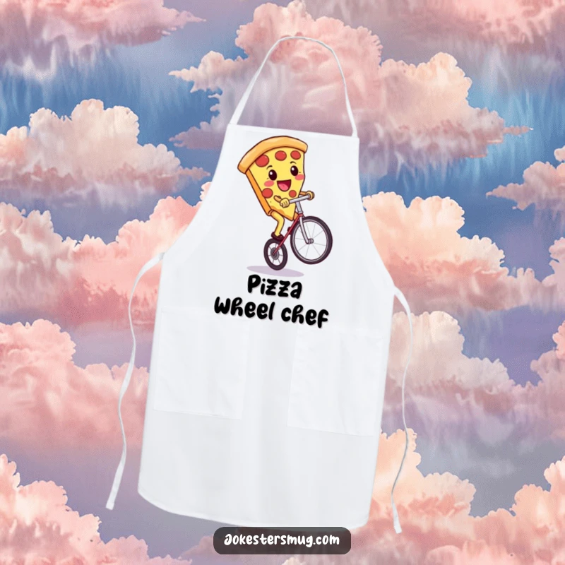 Funny cooking apron featuring a pizza slice riding a unicycle, kitchen humor gift.