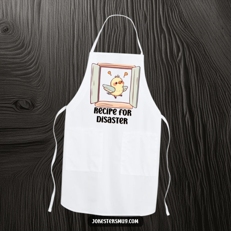 Funny apron depicting a bird confused by a painted window, gently bumping its beak. Ideal for kitchen humor.