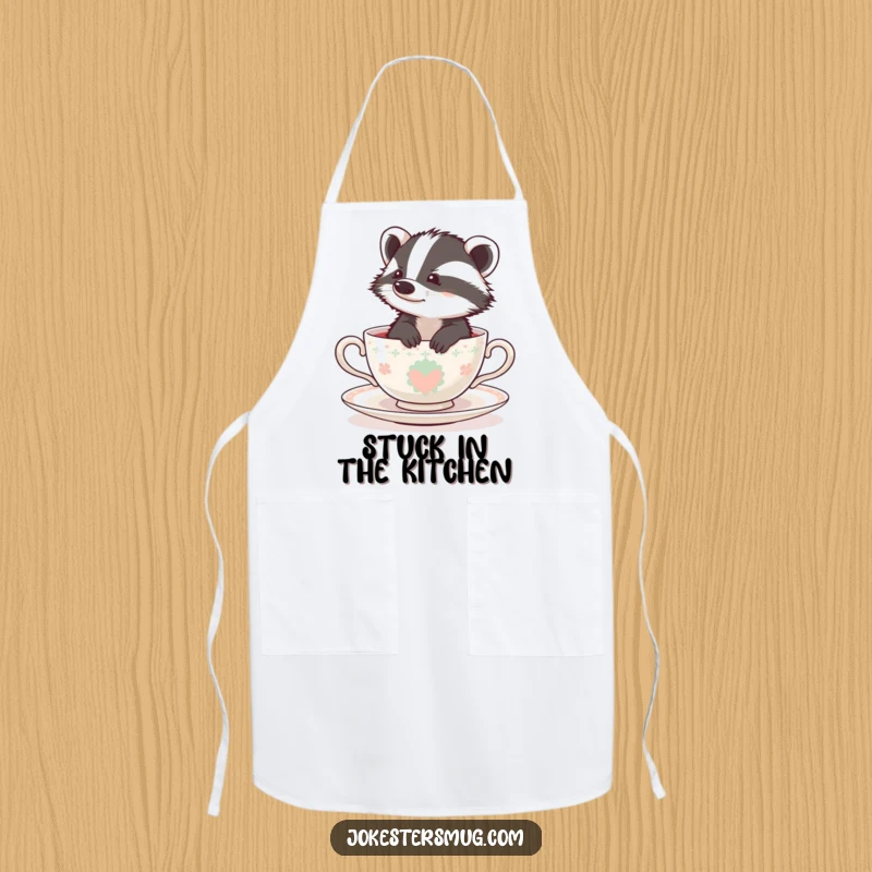 Funny badger looking lost in a tiny teacup, printed on a kitchen apron for a humorous cooking experience.