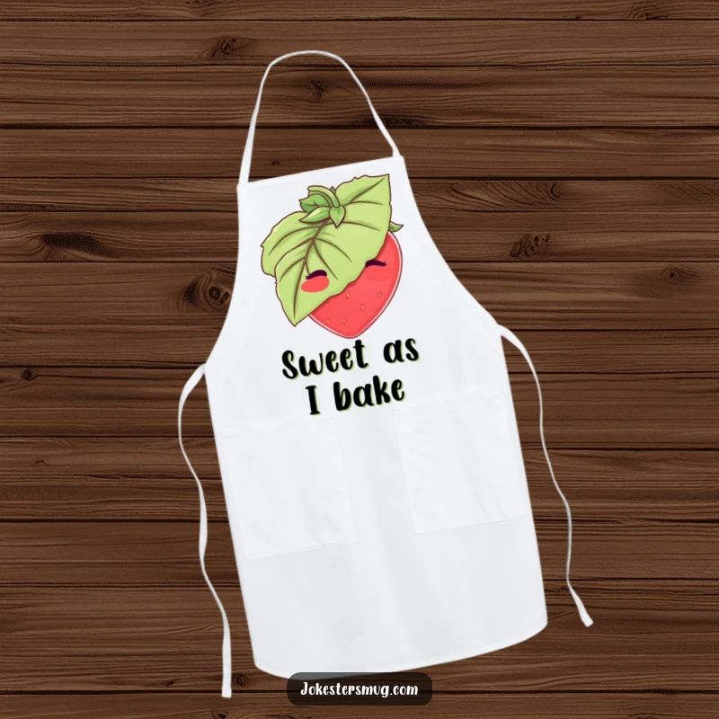 Funny Strawberry Apron: A blushing strawberry hides behind a large leaf. Hilarious and funny gift for kitchen enthusiasts.