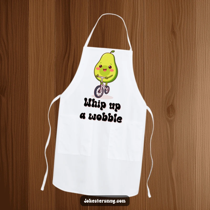 Funny apron with a smiling avocado attempting to ride a miniature unicycle, wobbling precariously while cooking.