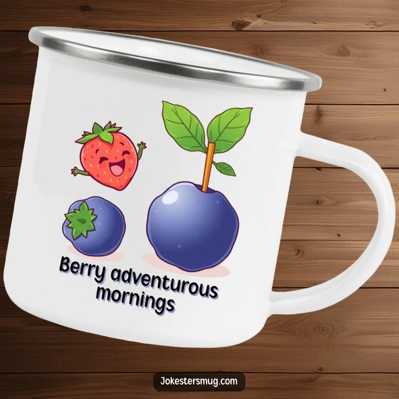 Funny camping mug showing a delighted strawberry pole vaulting over a large blueberry, a humorous and durable outdoor choice.