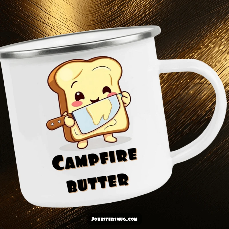 Funny camping mug with a happy toast character awkwardly buttering itself with a giant knife, ideal for outdoor humor.