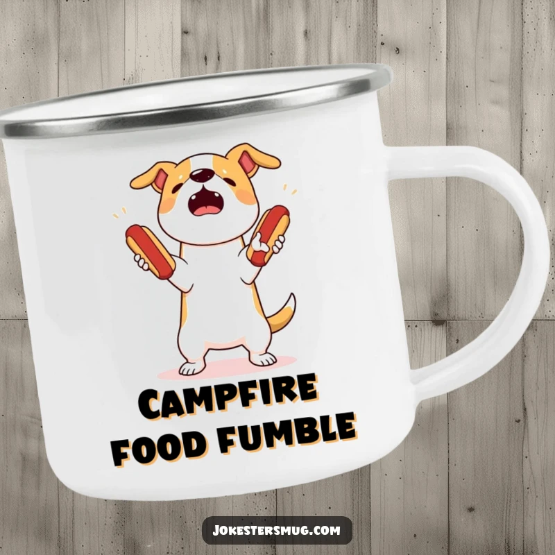 Funny dog juggling camping mug showing a startled dog attempting to juggle three bouncing hot dogs, dropping them all.