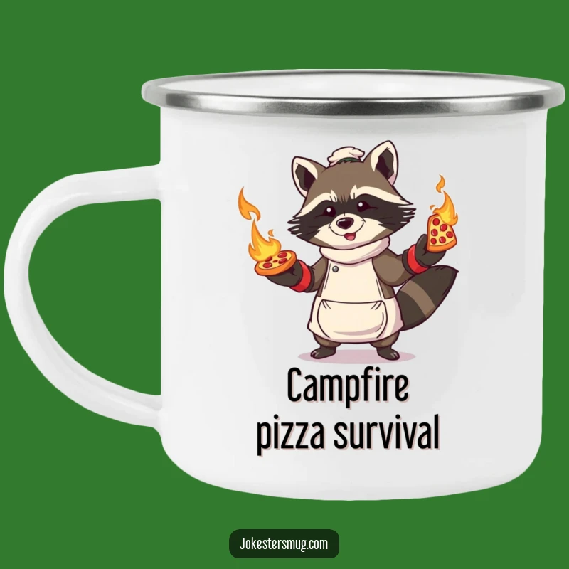 Funny Raccoon Pizza Camping Mug: Flaming Pizza Juggling for Outdoor Feasts