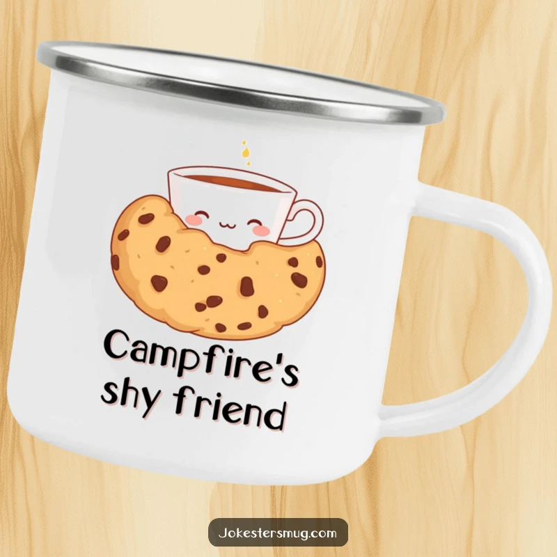 Funny camping mug with a shy teacup peeking from behind a giant cookie, for outdoor sweet moments and humorous hydration.