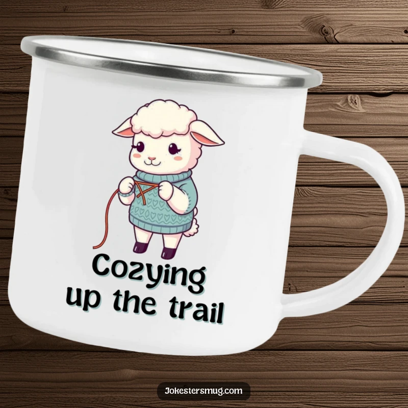 Funny Sheep Camping Mug: A sheep humorously knits a sweater from its own wool. Rugged funny gift for outdoor enthusiasts.
