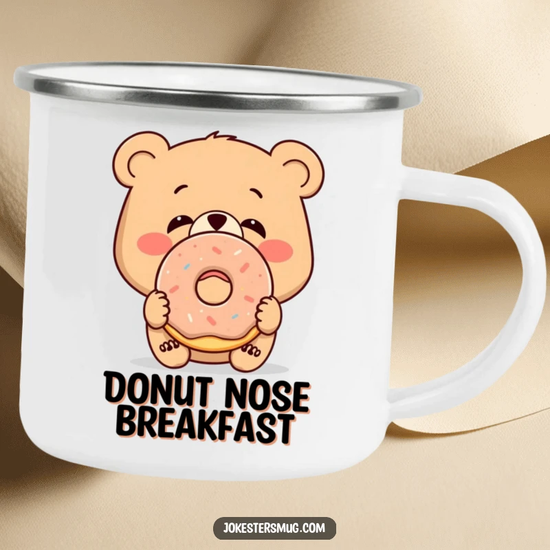 Funny enamel camping mug with a bewildered bear with a donut on its nose, outdoor funny gift.
