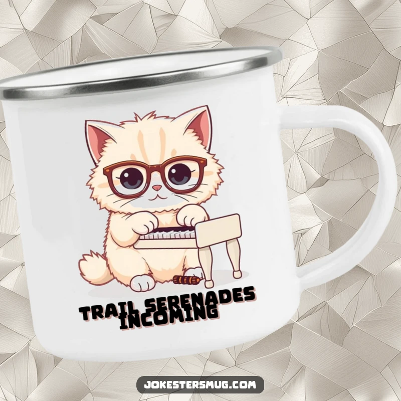Funny enamel camping mug showing a fluffy cat in oversized glasses comically playing a tiny piano in the great outdoors.