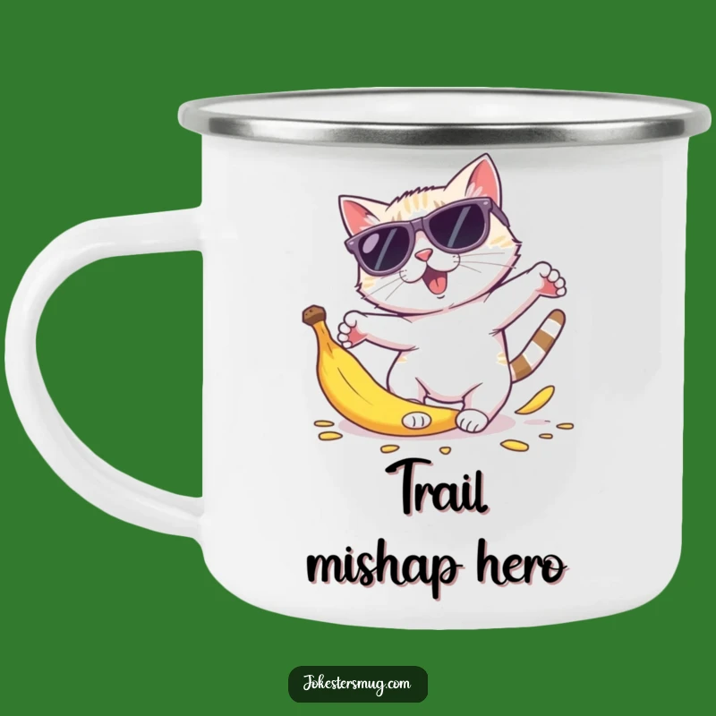 Funny Cat Sunglasses Camping Mug: Adventure with Banana Peel Humor