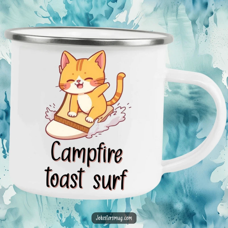 Funny cat comically wiping out while surfing a giant slice of toast on a camping mug, for enjoying drinks with outdoor humor.