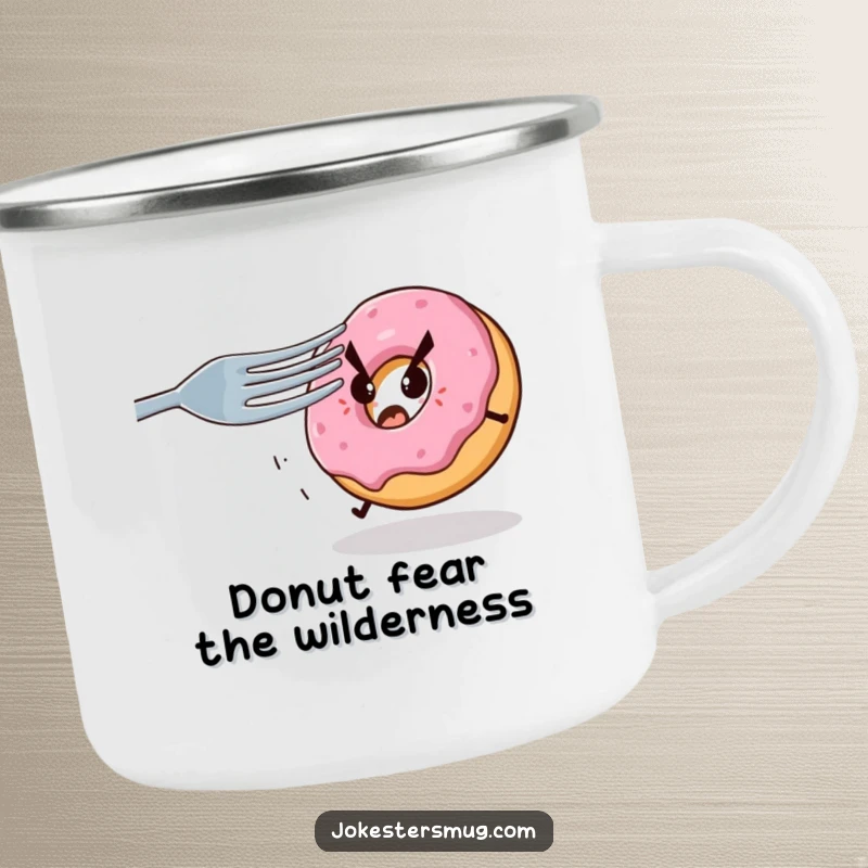 Funny camping mug showing a scared donut escaping a huge, sharp fork under a starry sky, a humorous outdoor accessory.