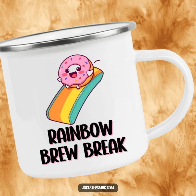 Funny Donut Camping Mug: A joyful donut character slides down a rainbow, perfect for outdoor use and as a funny gift.