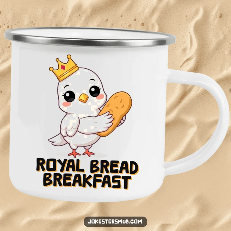 Funny enamel camping mug with a crowned pigeon holding bread, outdoor funny gift.