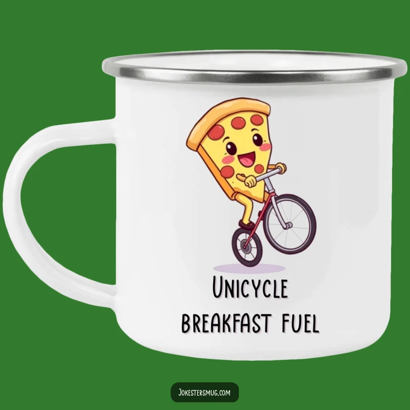 Funny Pizza Unicycle Camping Mug: Adventure-Ready with a Foodie Twist