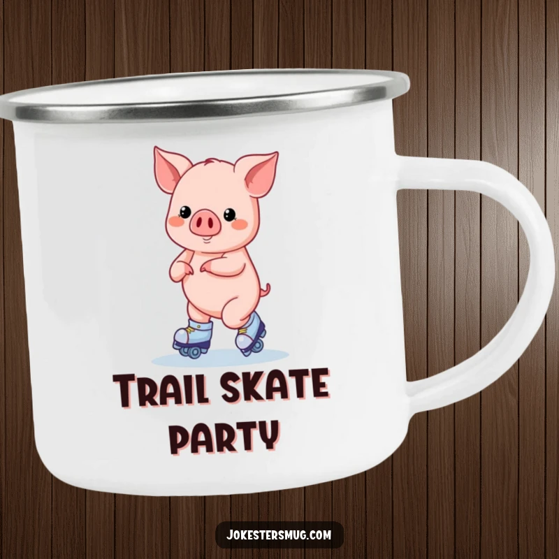 Funny Roller Skating Pig Camping Mug: A pig on roller skates attempts a figure eight, great for outdoor fun.