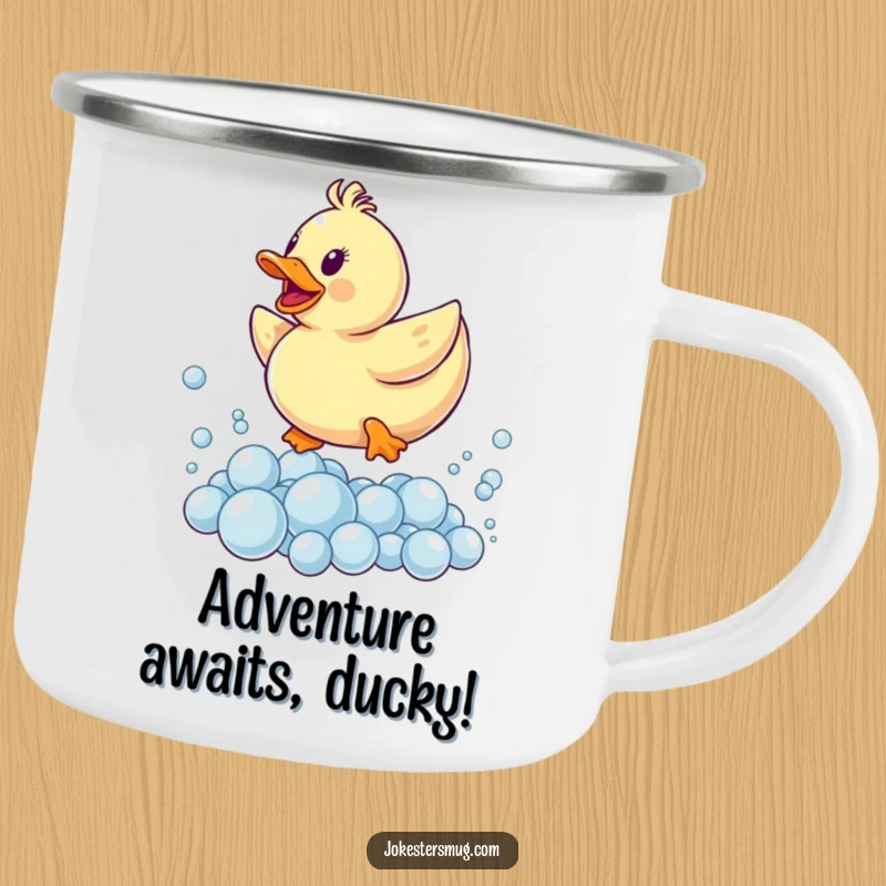 Funny camping mug depicting a rubber ducky leaping over a pile of bubbles, perfect for outdoor adventures and bath time lovers.