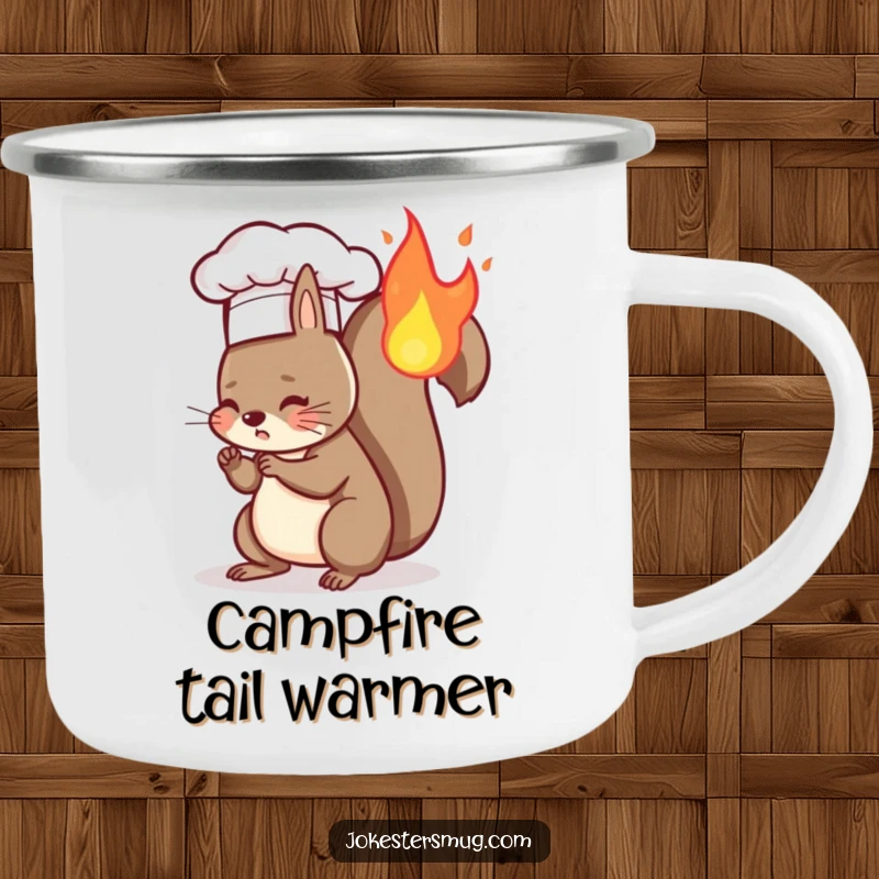 Funny camping mug with a squirrel chef wearing a hat and its tail slightly aflame, a humorous outdoor cooking theme.