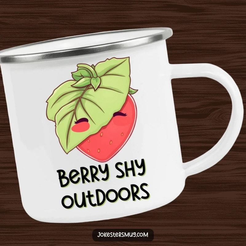 Funny Strawberry Camping Mug: A blushing strawberry hides behind a large leaf. Rugged funny gift for outdoor enthusiasts.