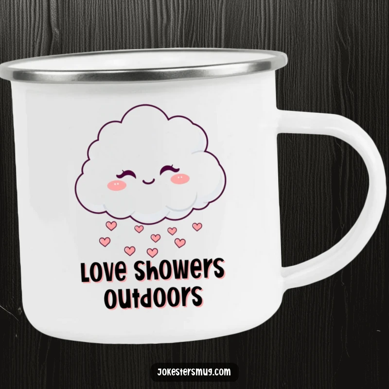 Funny Winking Cloud Camping Mug: A fluffy cloud winks mischievously, raining hearts, perfect for outdoor use and as a funny gift.