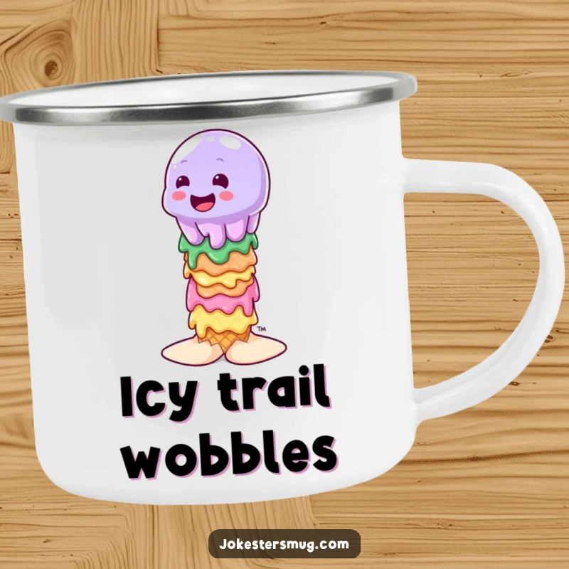 Funny wobbly jelly character attempting to balance on a stack of melting ice cream cones, on a sturdy camping mug.