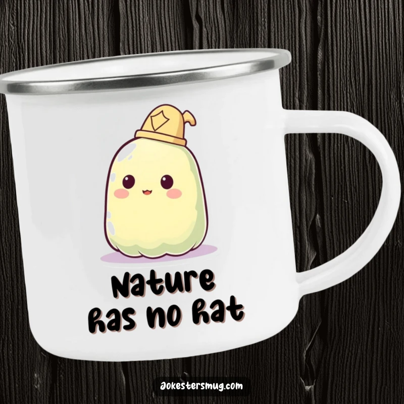 Funny enamel camping mug showing a jelly blob failing to wear a hat, phasing through.